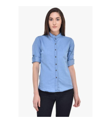 Womens Denim Solid Casual Mandarin Neck Shirt Light Blue Fabric